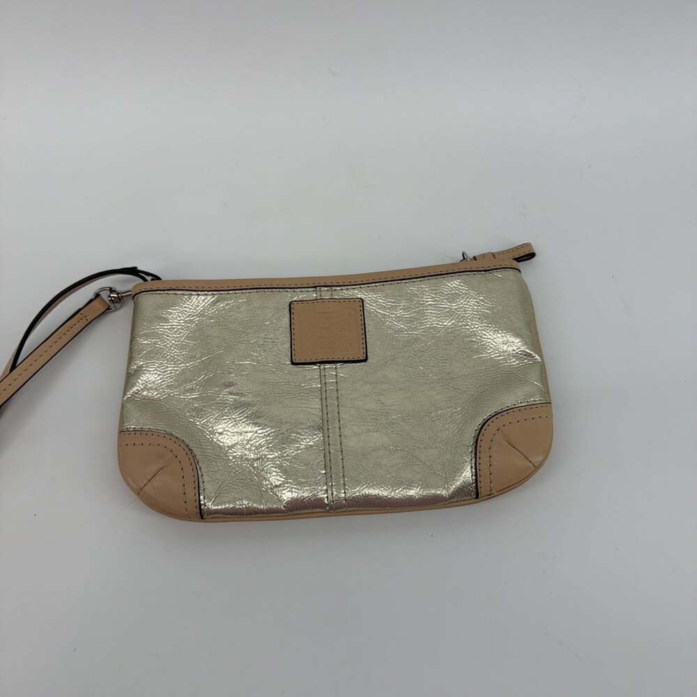 COACH Metallic Gold Leather W/Tan Trim Large Wristlet Pouch 9.5"x5.5"